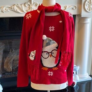 Christmas Sweater Penguin Sequins Red Crewneck Women Medium Large Marching Scarf